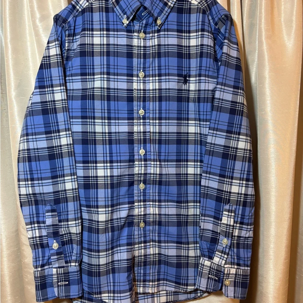 Ralph Lauren Blue and White Plaid Performance Button Down Shirt, medium (10-12),